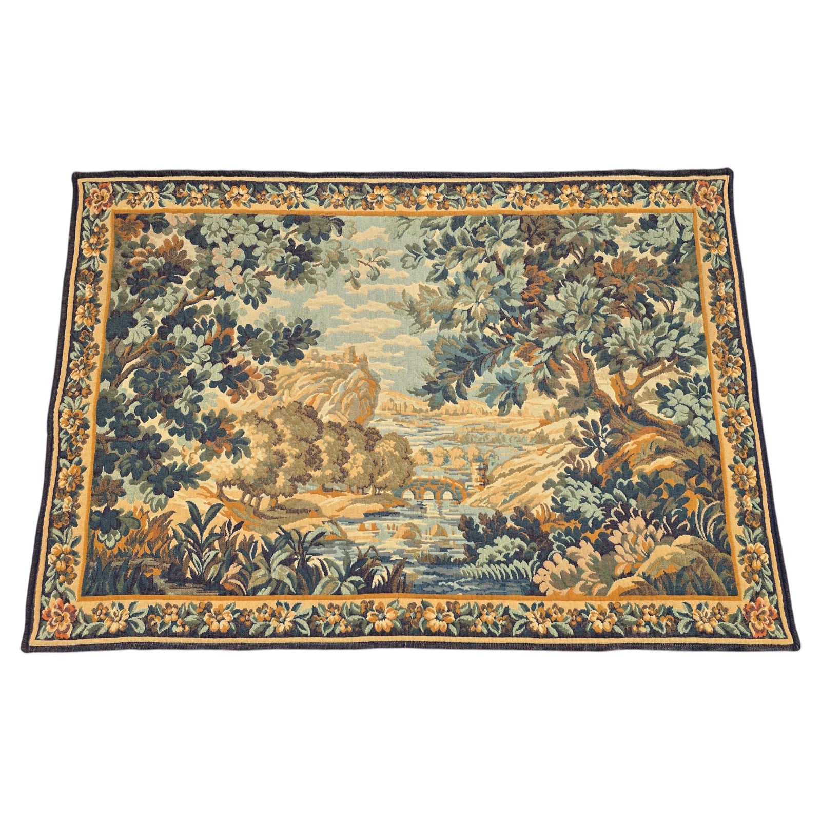 Mid Century Aubusson Style Woven Tapestry, Large Pastoral Landscape, 166 Cm photo for sale