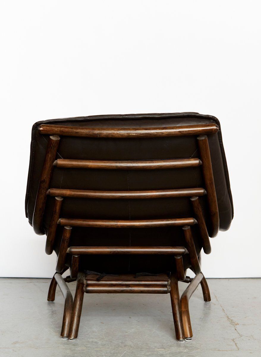 Set Of Bamboo And Leather Lounge Chair And Ottoman, 1970s photo 775.0