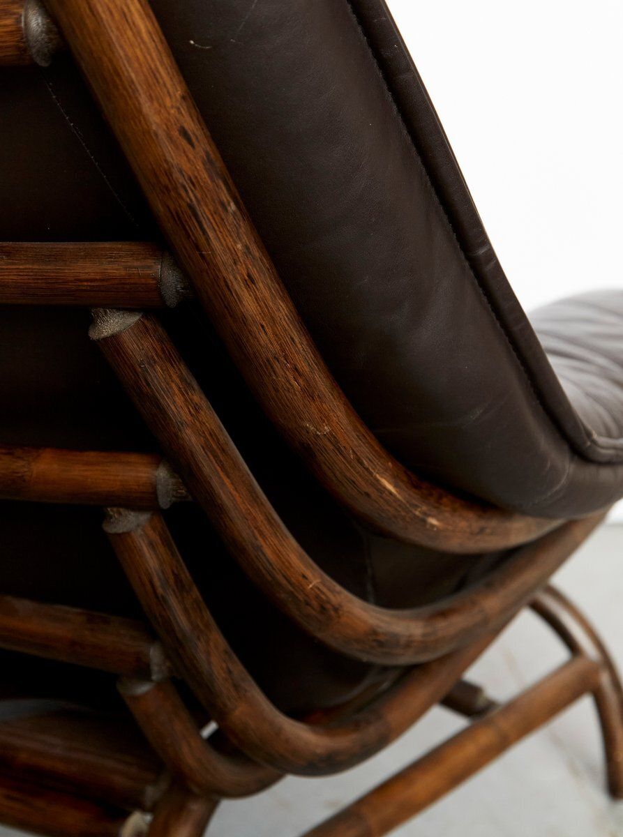 Set Of Bamboo And Leather Lounge Chair And Ottoman, 1970s photo vintage