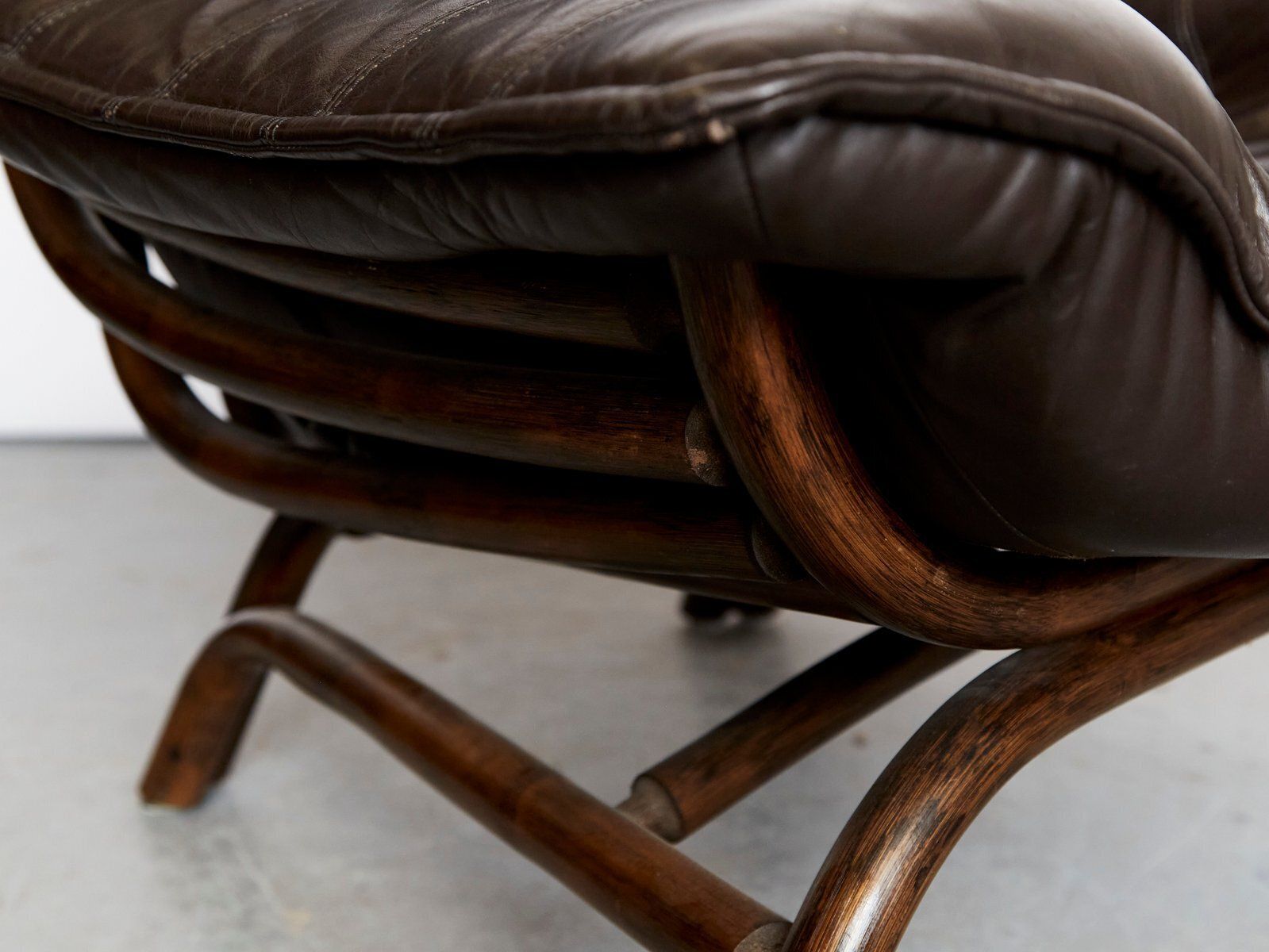 775.0 Set Of Bamboo And Leather Lounge Chair And Ottoman, 1970s photo
