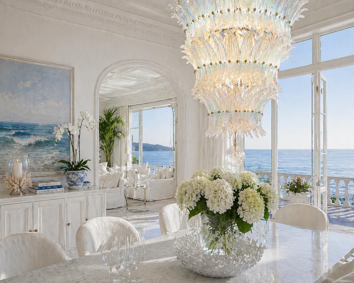 Amazing Italian Opaline Palmette Leaves Chandelier, Murano, 1980 photo for sale