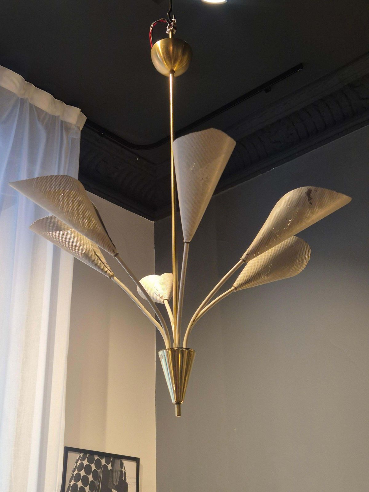 Elegant Chandelier With Six Arms, Shades In Perforated Metal, Midcentury Modern photo 2200.0