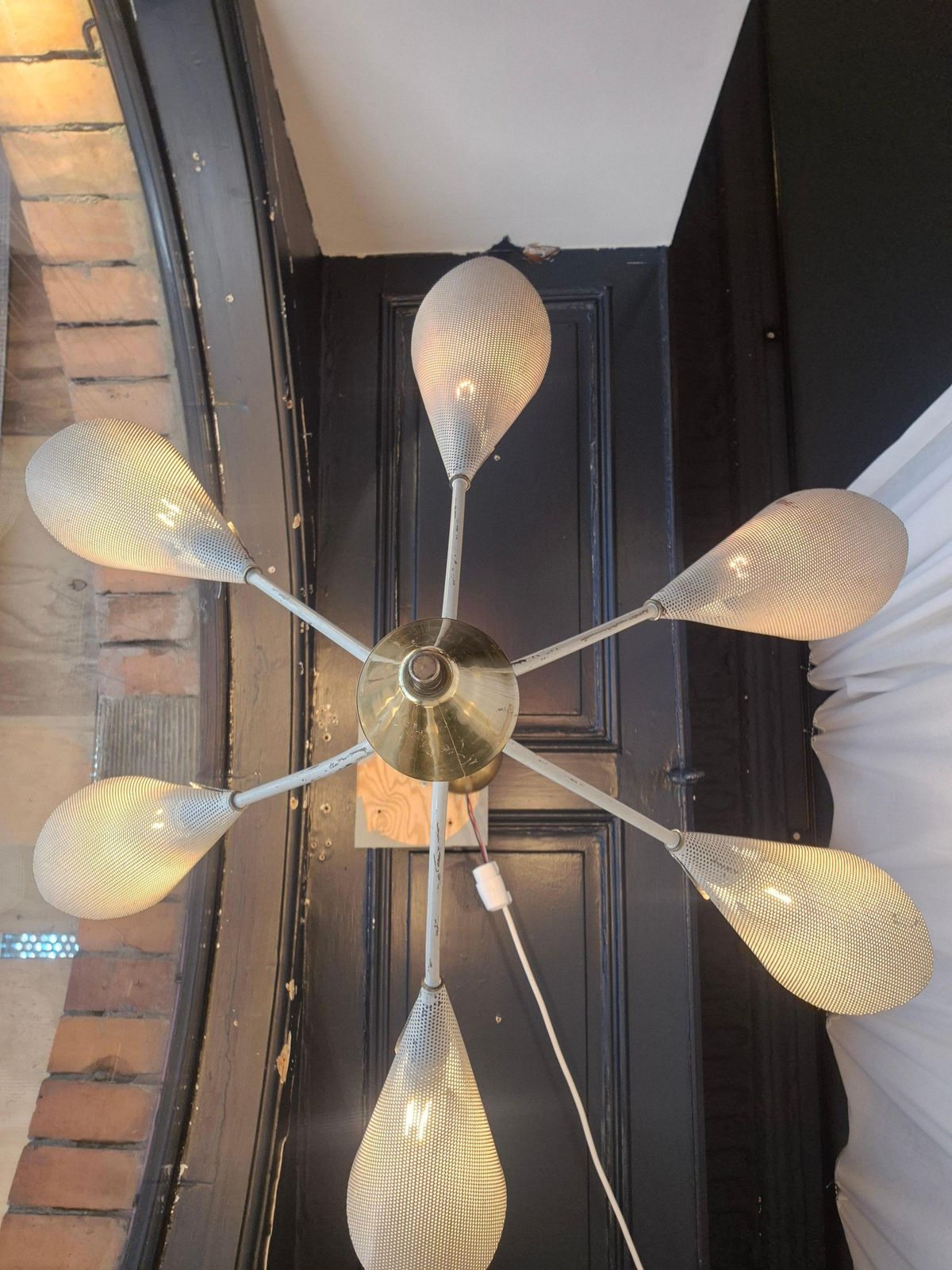 photo furniture Elegant Chandelier With Six Arms, Shades In Perforated Metal, Midcentury Modern