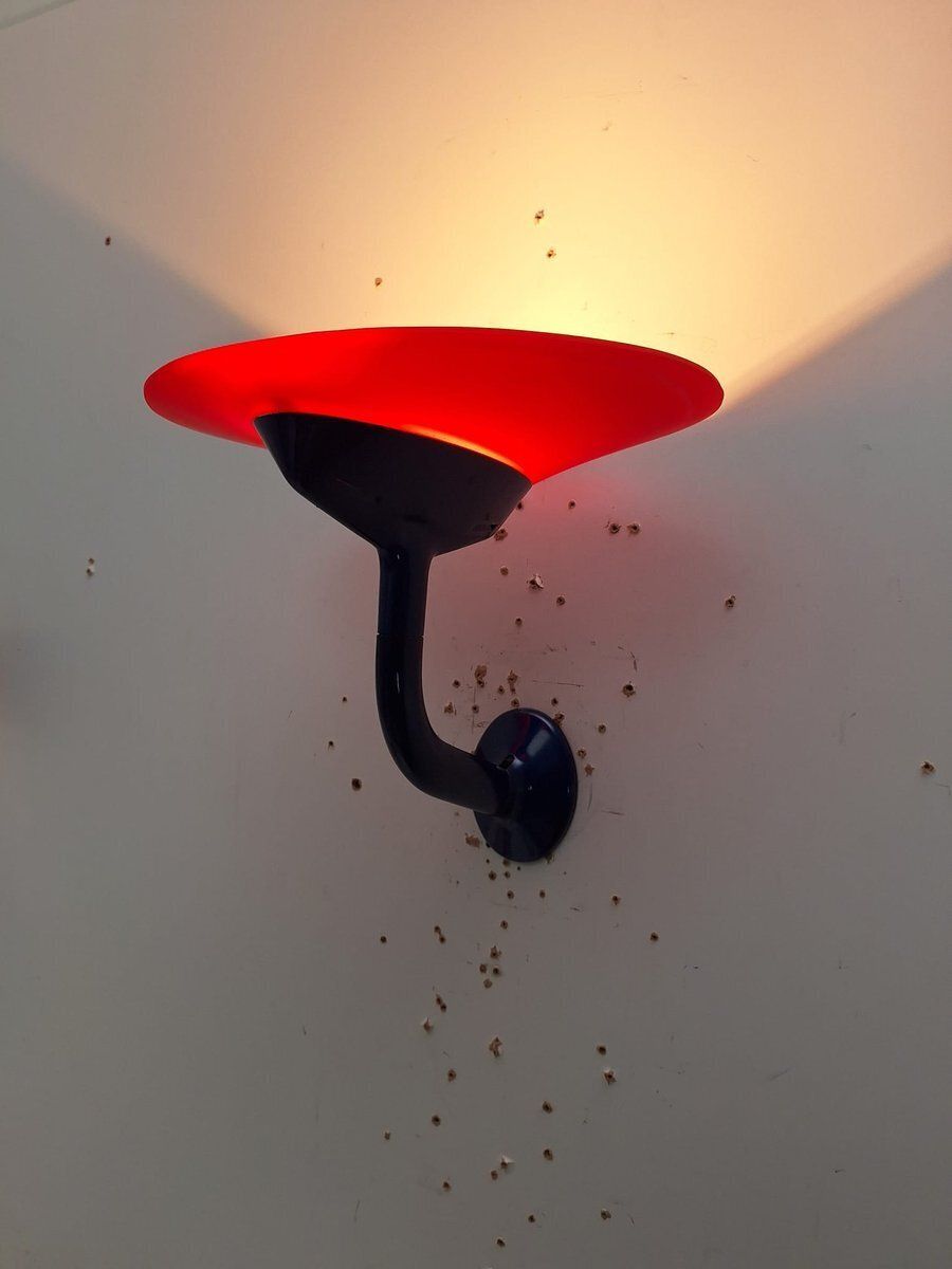 Postmodern Wall Lamps In Red And Yellow Satin Glass With Black Lacquered Metal Structure, Italy, 1980, Set Of 2 photo furniture