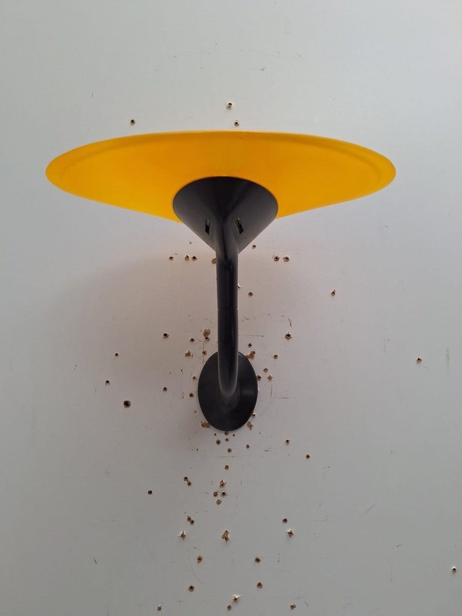 photo vinterior Postmodern Wall Lamps In Red And Yellow Satin Glass With Black Lacquered Metal Structure, Italy, 1980, Set Of 2
