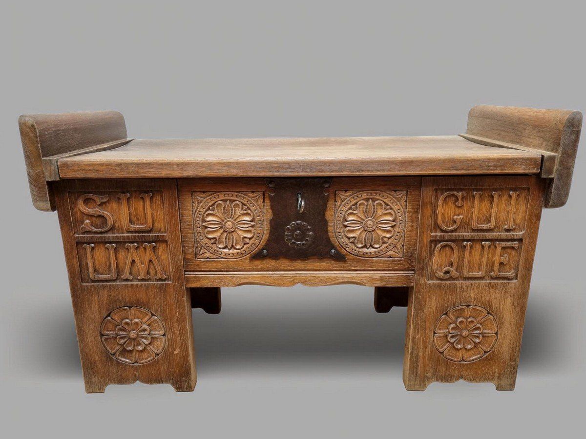 Vintage Brutalist Oak Chest Bench With Black Iron Hardware, 1960s