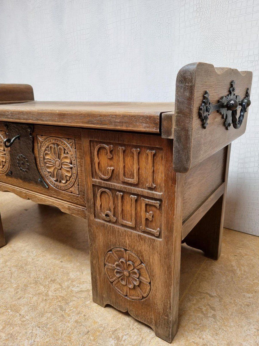 Vintage Brutalist Oak Chest Bench With Black Iron Hardware, 1960s photo Furniture
