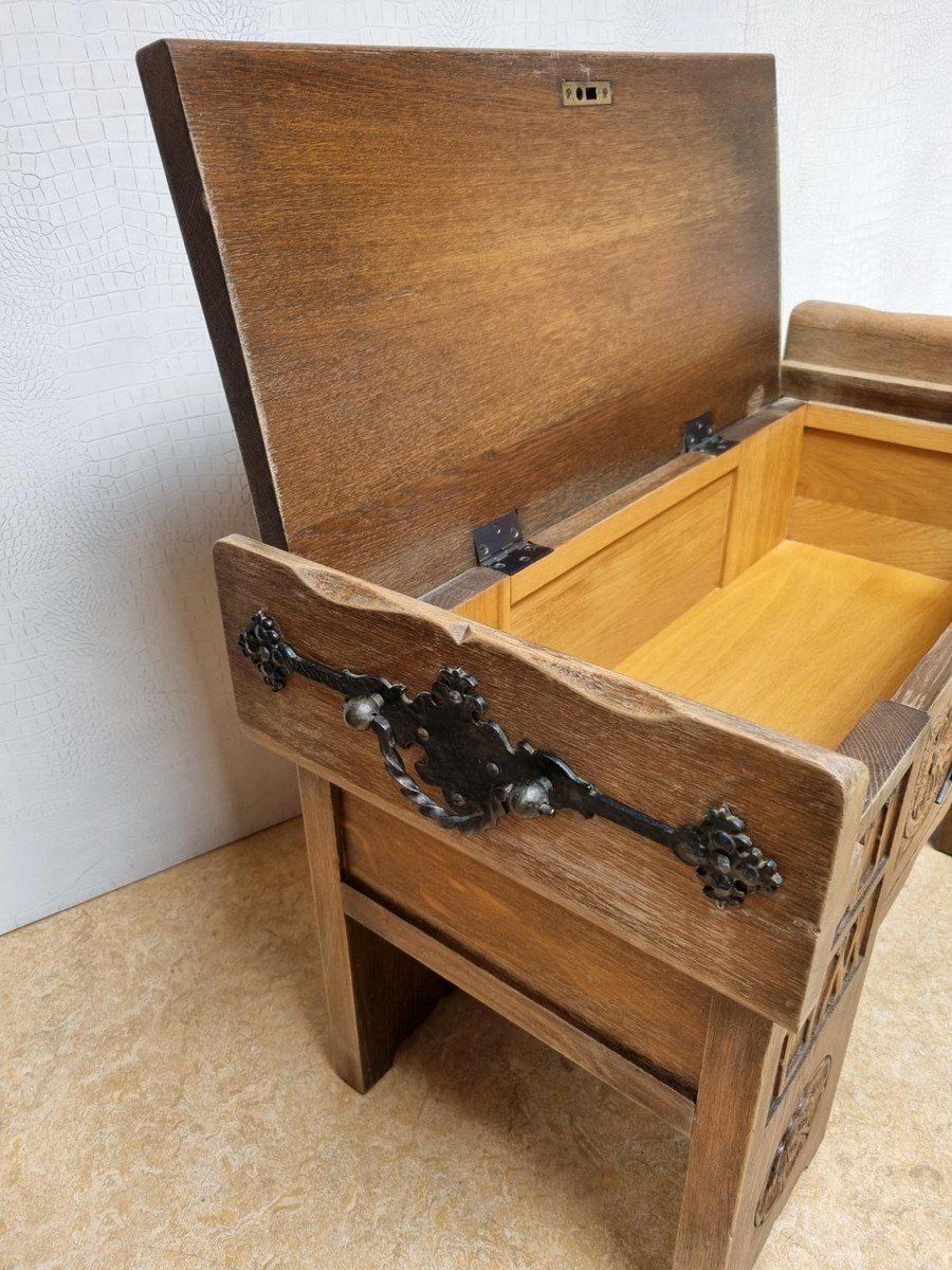 Vintage Brutalist Oak Chest Bench With Black Iron Hardware, 1960s photo vinterior