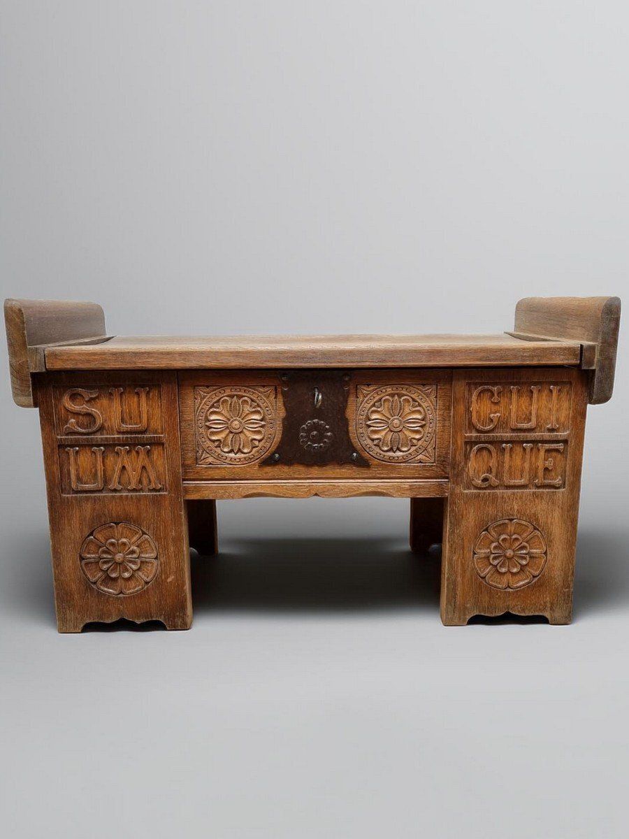 photo furniture Vintage Brutalist Oak Chest Bench With Black Iron Hardware, 1960s