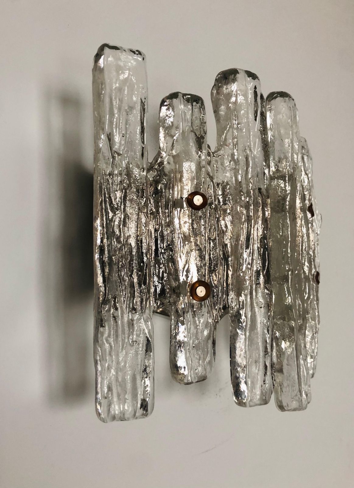 Pair Of Midcentury Austrian Ice Glass "Puck" Wall Sconces By Kalmar, 1970s photo for sale