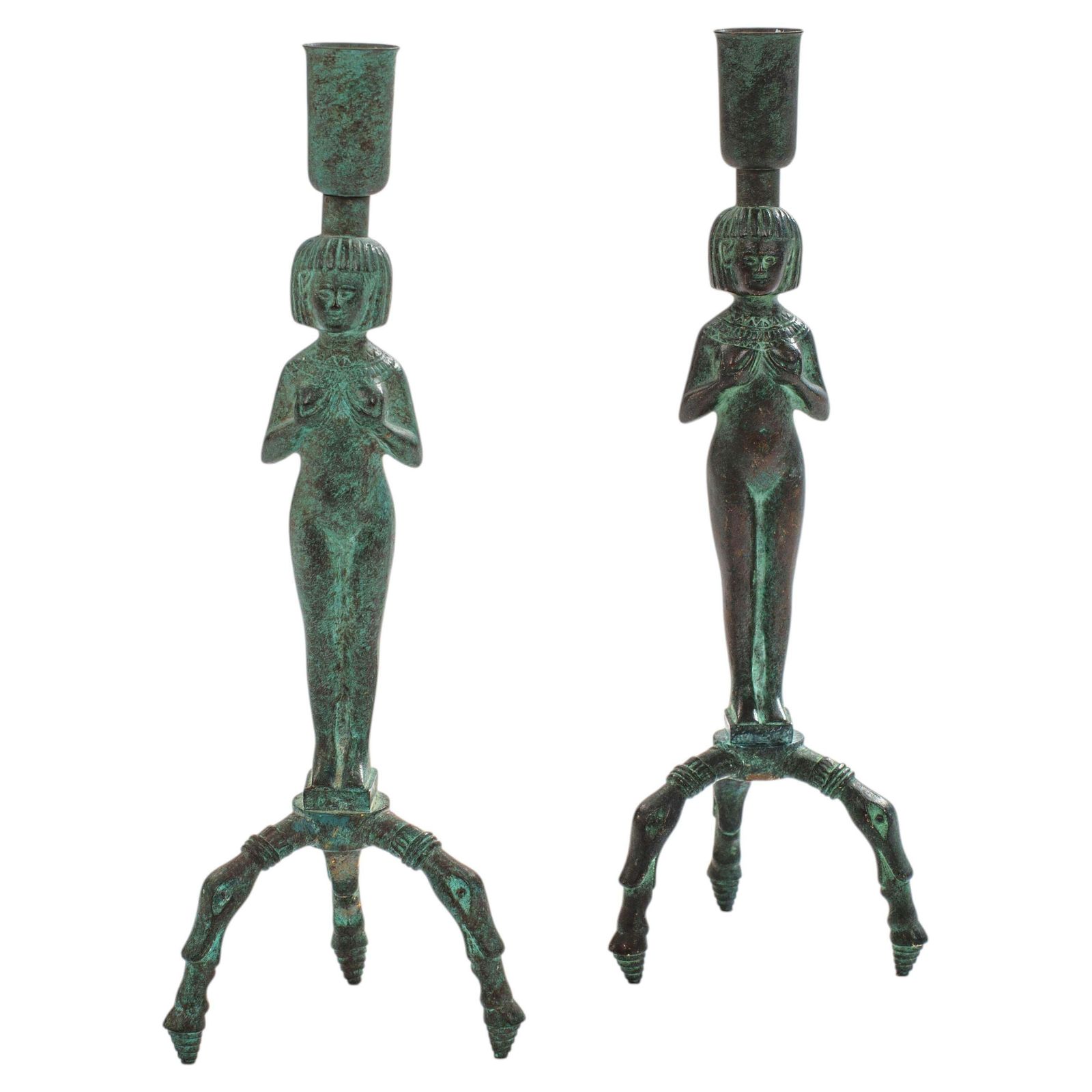 Egyptian Inspired Figurative French Art Déco Bronze Candlesticks 1930s