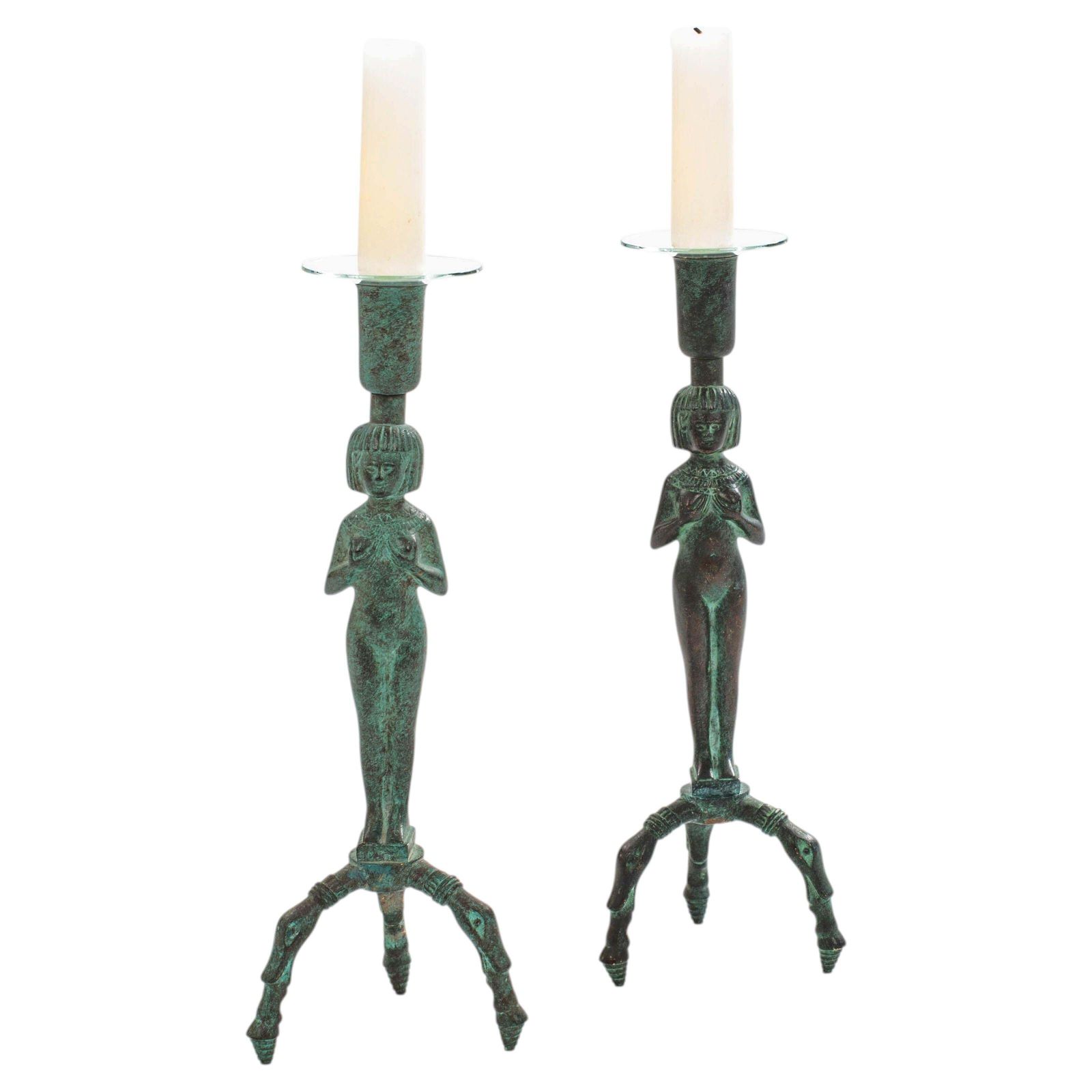 Egyptian Inspired Figurative French Art Déco Bronze Candlesticks 1930s photo furniture