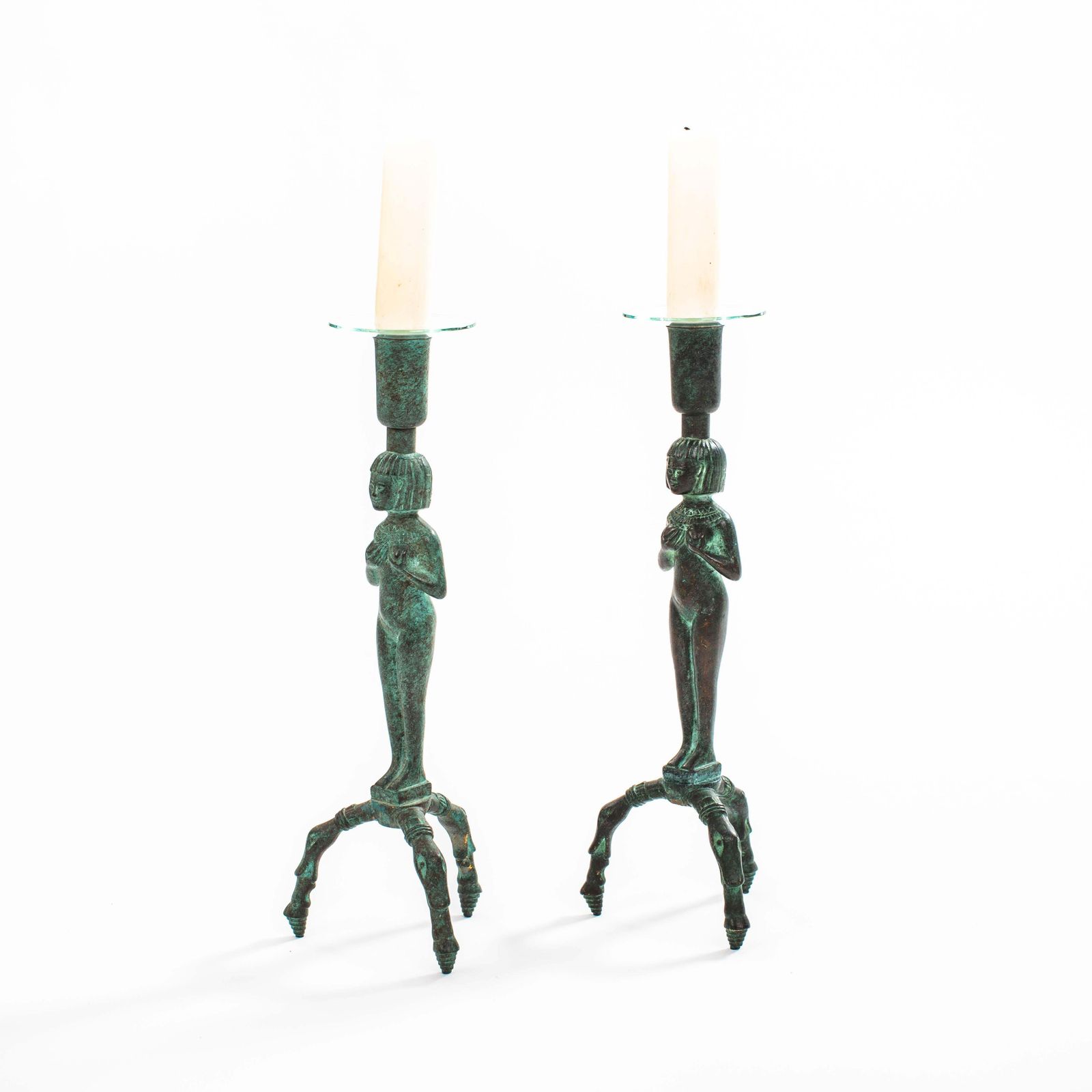 Egyptian Inspired Figurative French Art Déco Bronze Candlesticks 1930s photo vinterior