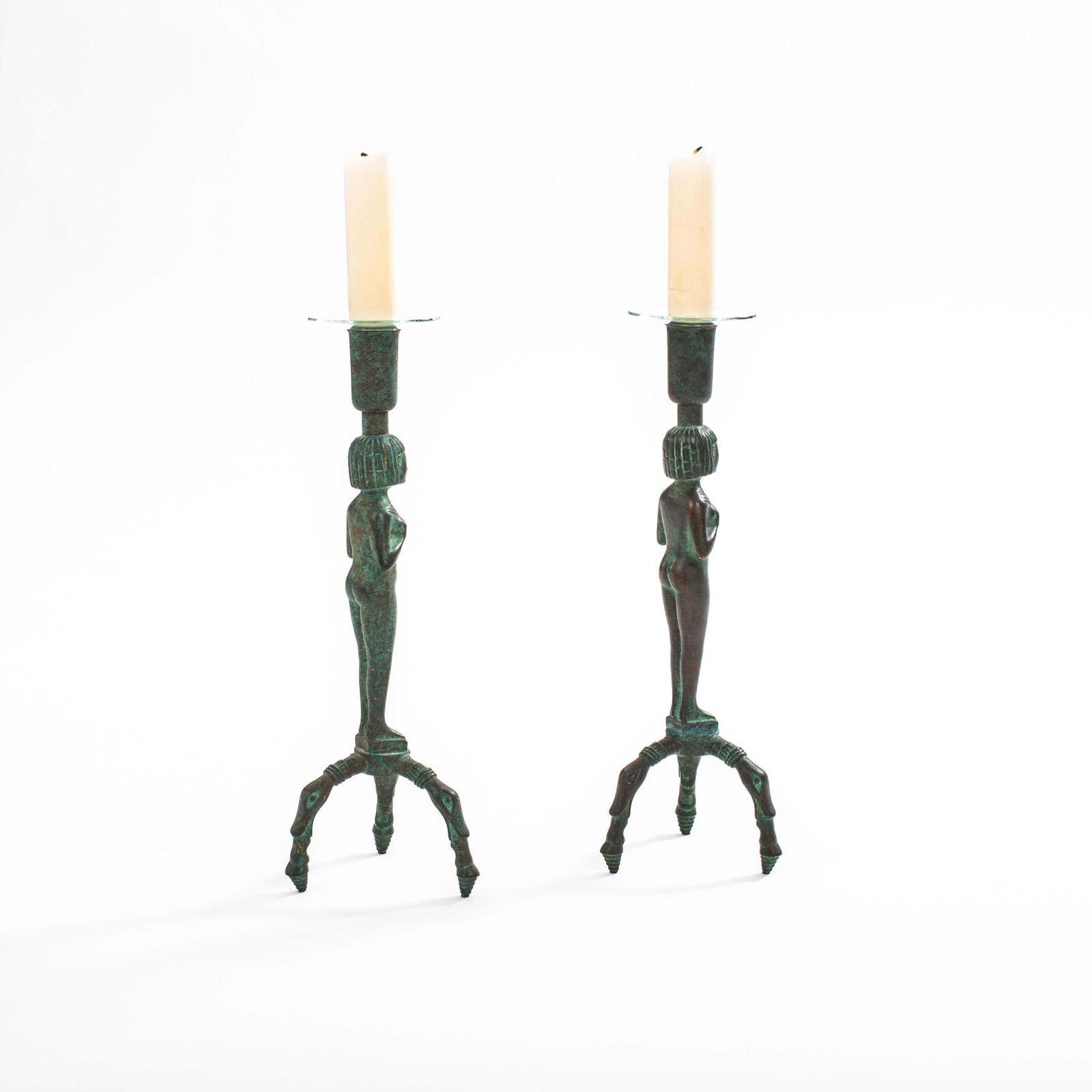 photo for sale Egyptian Inspired Figurative French Art Déco Bronze Candlesticks 1930s