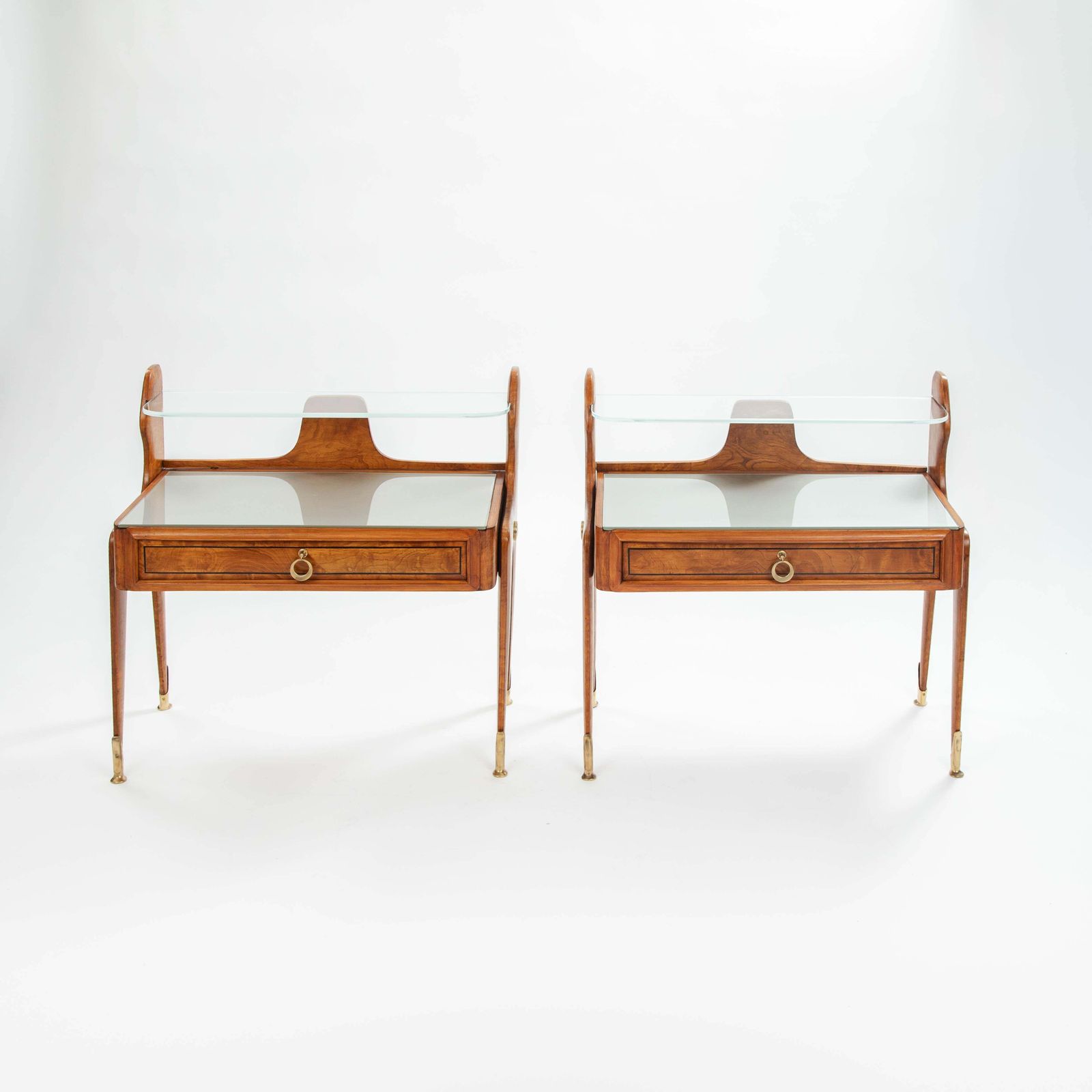 Pair Of Italian Mid Century Light Footed Bed Side Tables Elm Glass Brass 1950s photo 4213.0