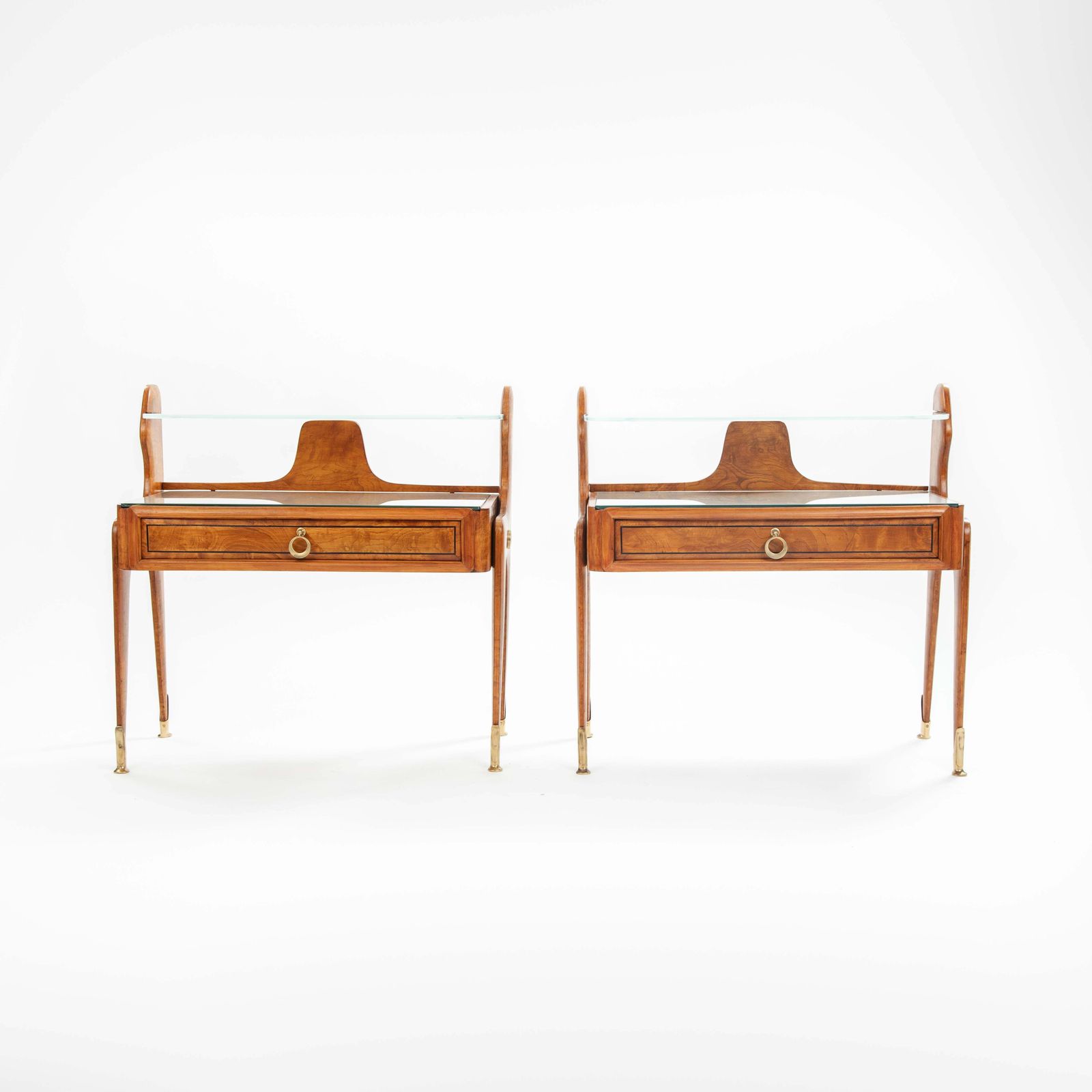Pair Of Italian Mid Century Light Footed Bed Side Tables Elm Glass Brass 1950s photo vintage