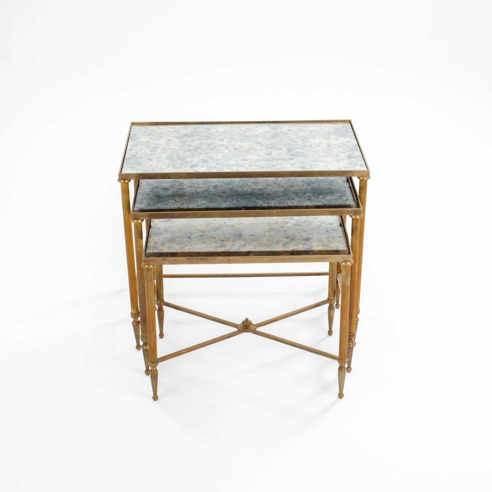 Set Of French Mid Centruy Neoclassical Brass And Mirrored Glass Nessting Tables photo vinterior