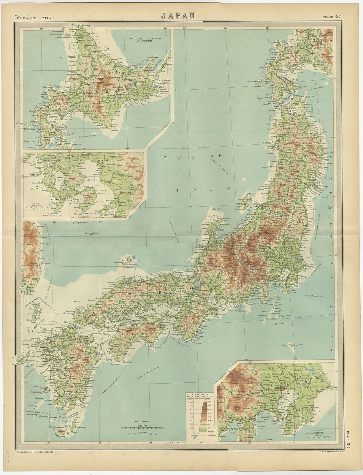 Antique Map Of The Region Of Tokyo And Nagasaki By Bartholomew (1922)