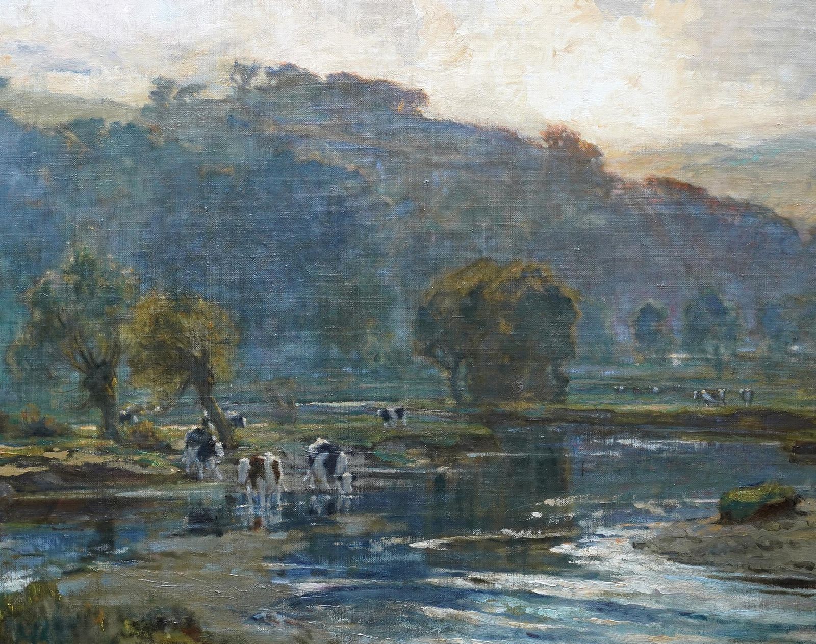Evening In Wharfedale 1917   British Impressionist Landscape Oil Painting Cattle photo for sale