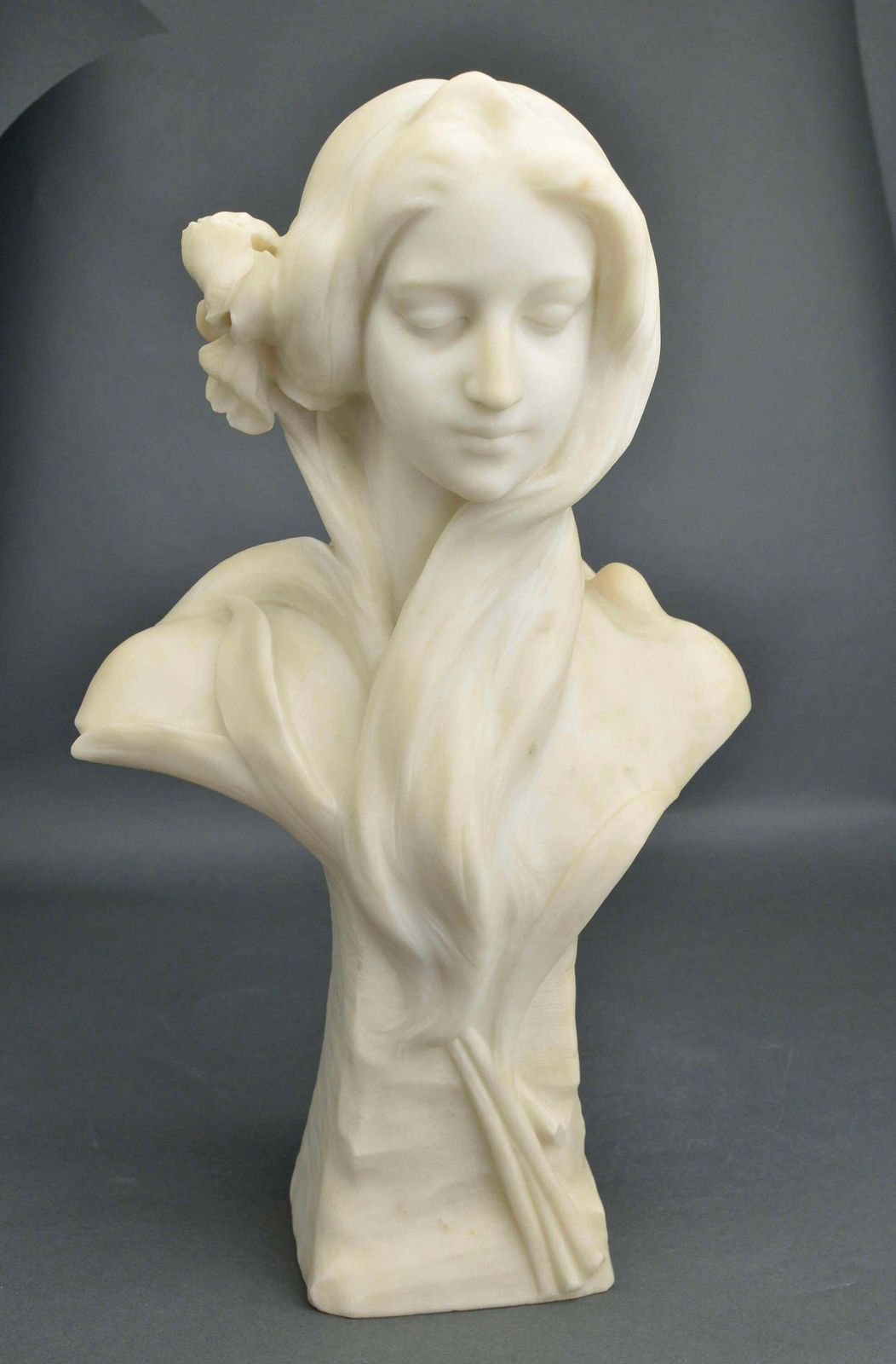 Irises In Hair. Carrara Marble Bust By Georges C. Coudray. Signed. photo furniture