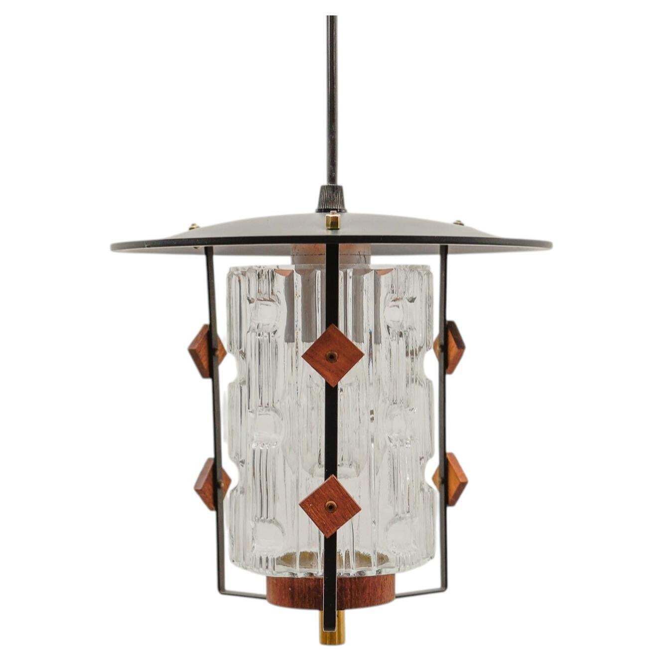 Scandinavian Mid Century Modern Ceiling Lamp In Copper, Teak And Glass, 1960s
