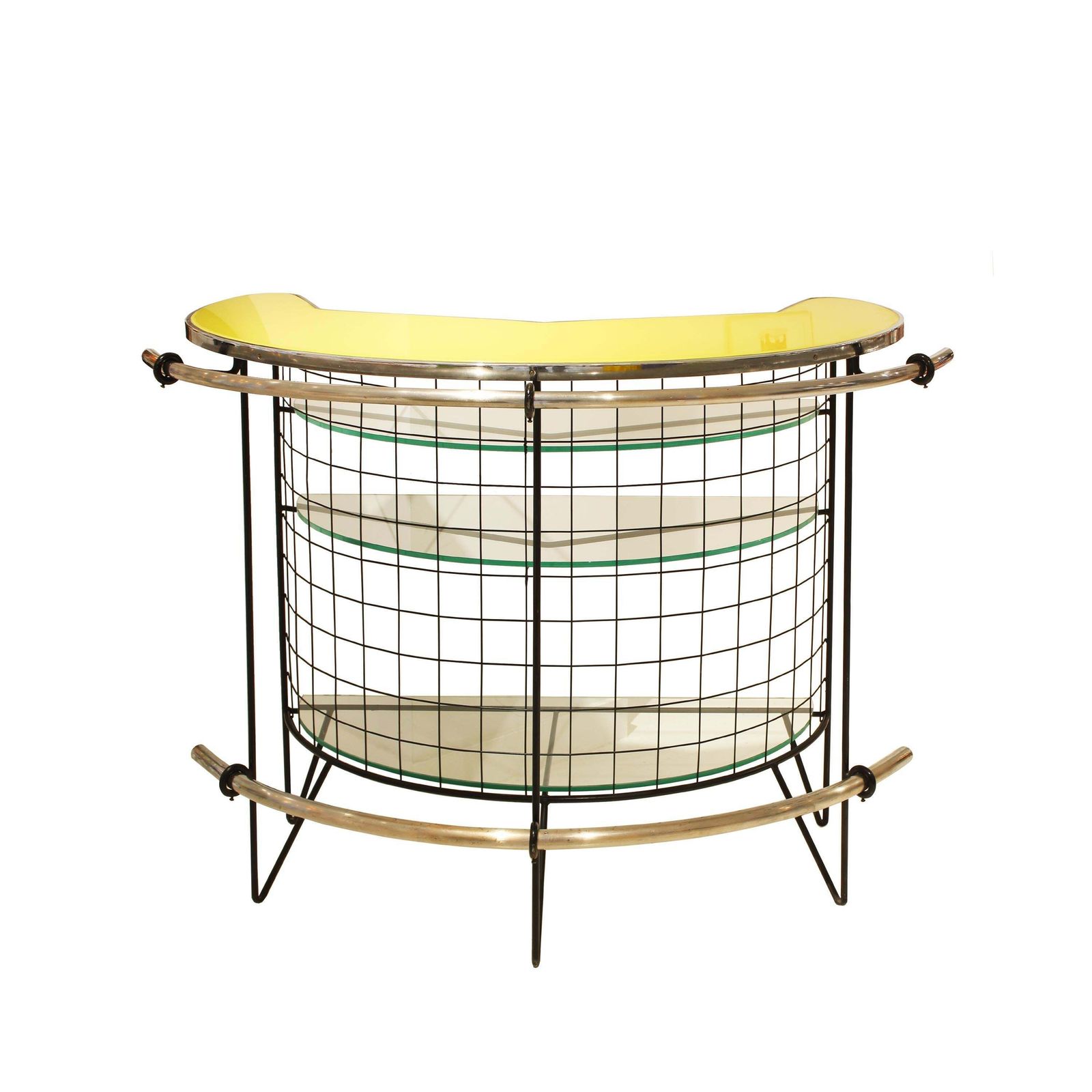 Mid Century Curved Iron And Glass Bar With Yellow Glass Top, Italy, 1950 photo furniture
