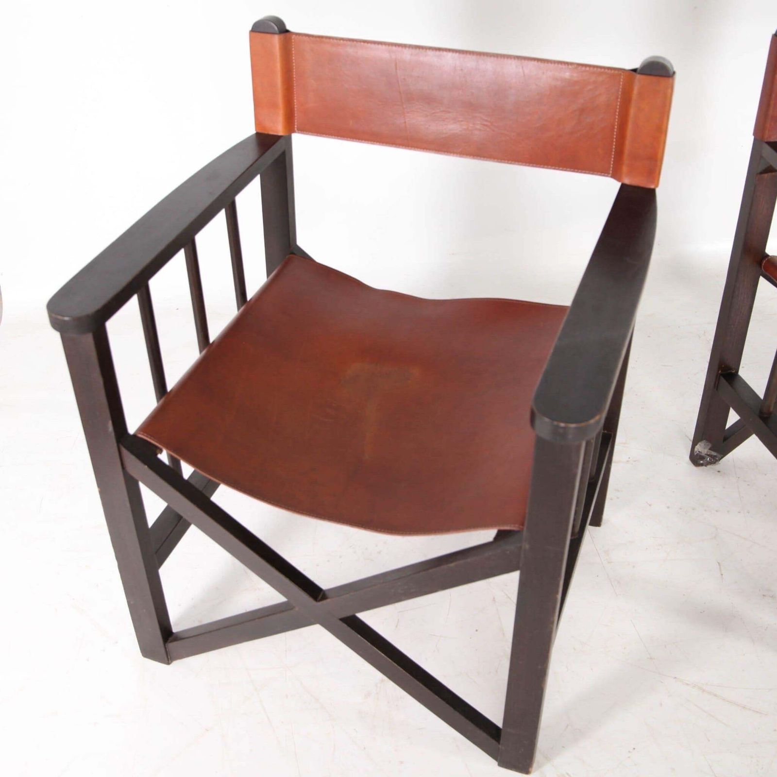 Pair Of Leather And Wood Armchairs photo for sale