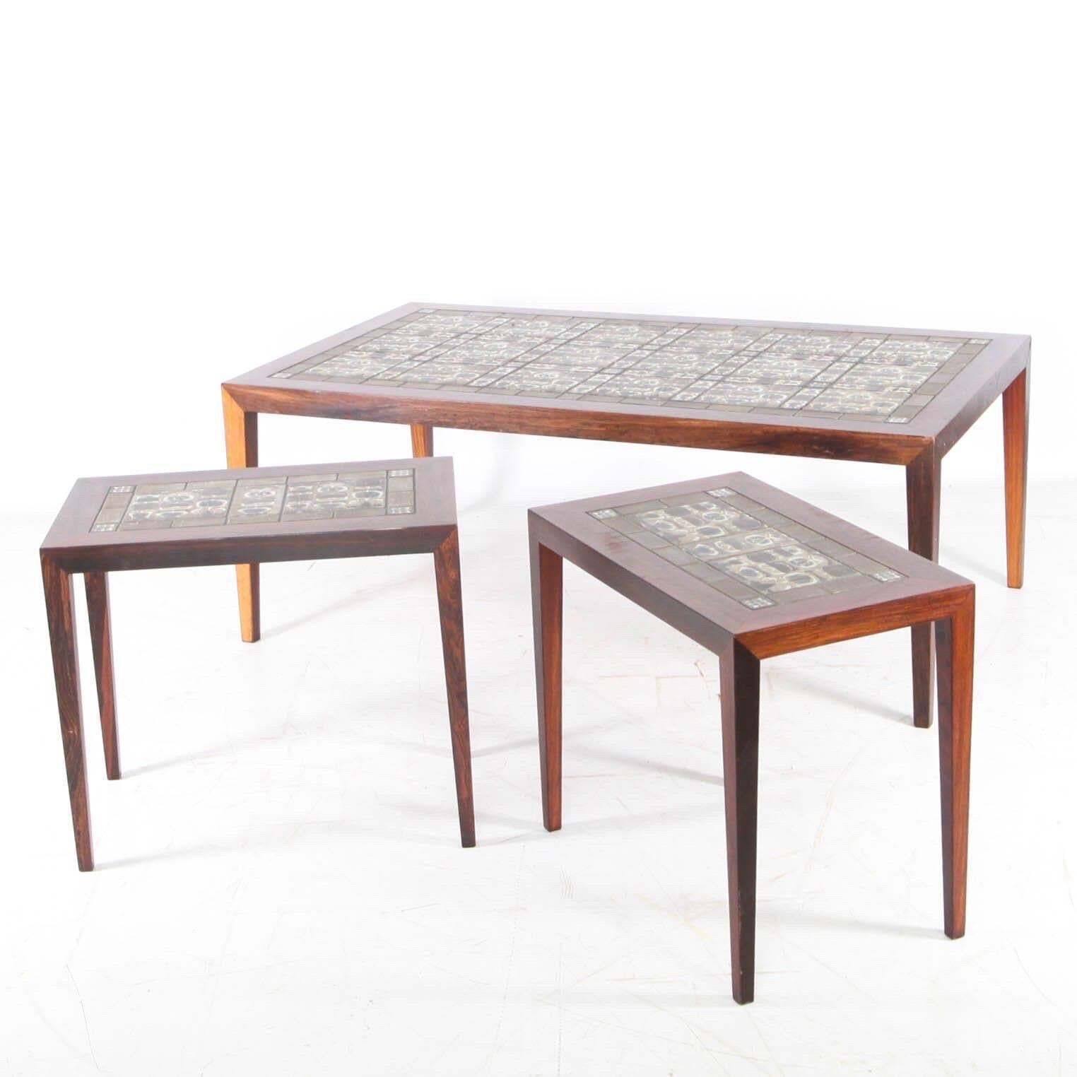 Set Of 3 Rosewood And Ceramic Low Tables photo furniture