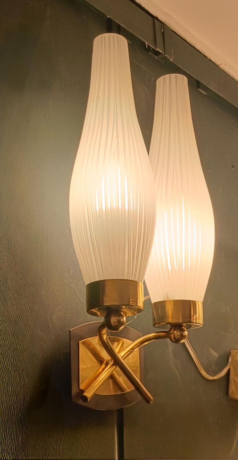 Pair Of Brass And Vertro Opaline Ribbed Wall Lamps, Italy 1950s photo Lighting