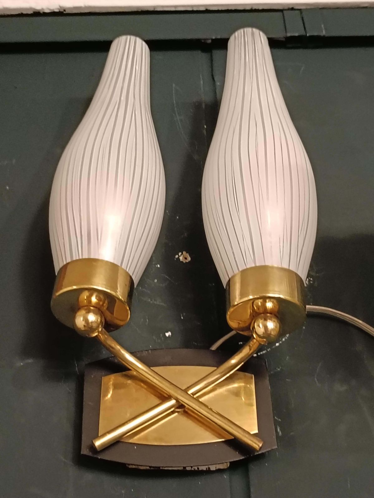 Pair Of Brass And Vertro Opaline Ribbed Wall Lamps, Italy 1950s photo buy