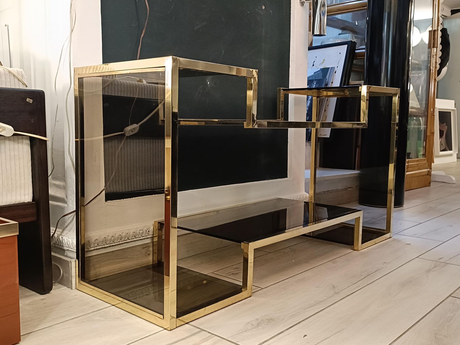 Romeo Rega Elegant Etagere In Brass And Smoked Glass, Italy 1970s photo Furniture