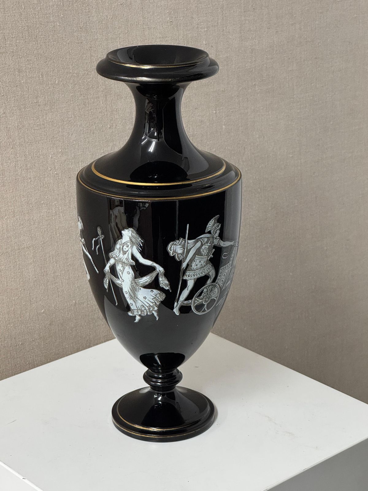 Bohemian Black Glass Vase Decorated With Grecian Figures Circa 1890 photo furniture