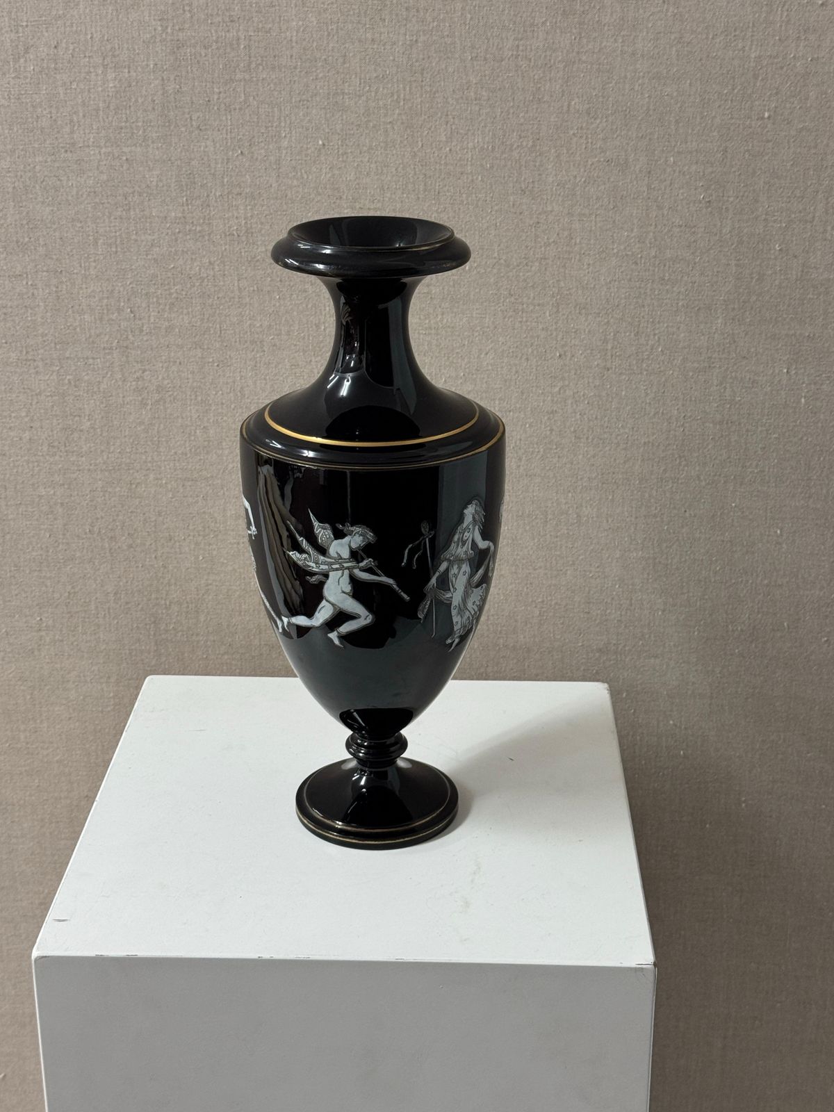 Bohemian Black Glass Vase Decorated With Grecian Figures Circa 1890 photo 302.0