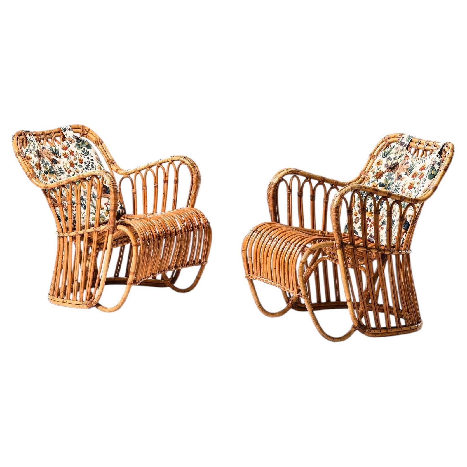 Pair Easy Chairs In Cane, Fabric & Rattan By Tove & Edvard Kindt Larsen, 1930s