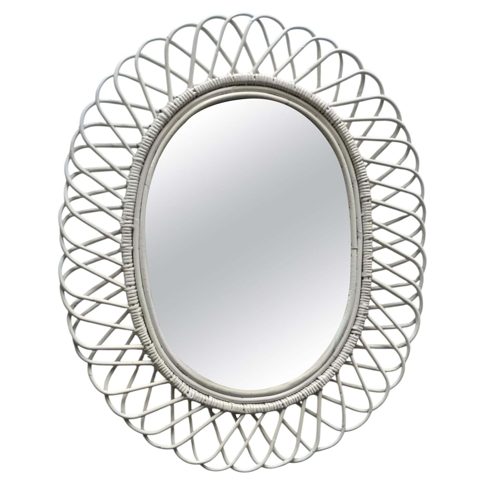Franco Albini Style Specchio Da Parete Ovale In Rattan Bianco, Italia 60s