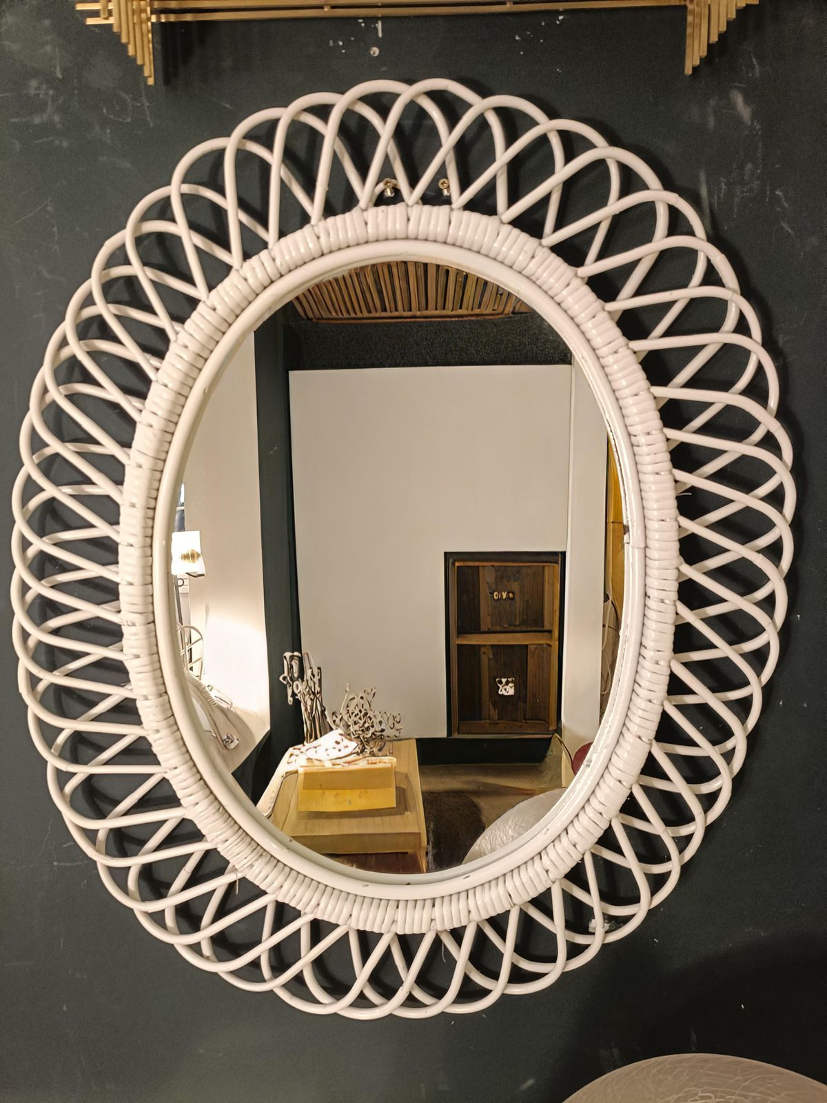 Franco Albini Style Specchio Da Parete Ovale In Rattan Bianco, Italia 60s photo Home Decor