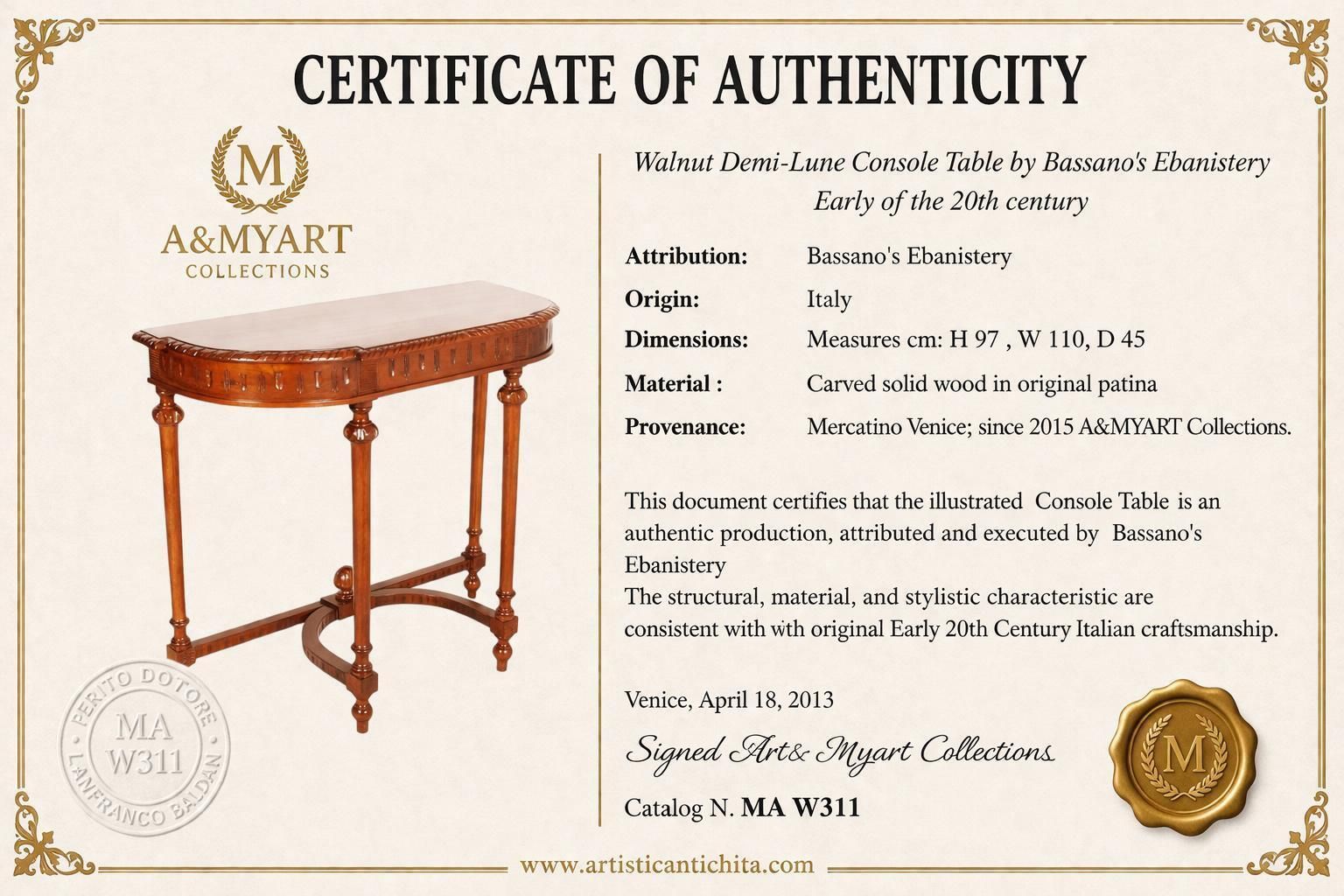 Walnut Demi Lune Console Table By Bassano's Ebanistery, Wax Polished photo for sale