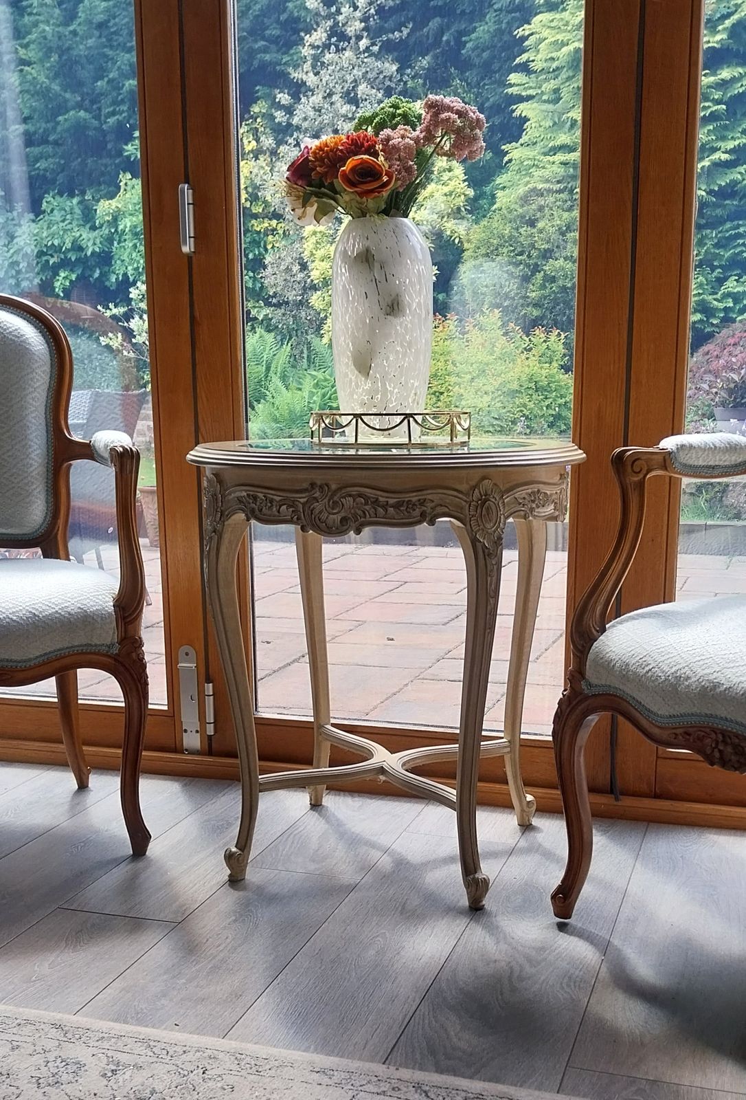 French Style Oak Glass Top Occasional Table