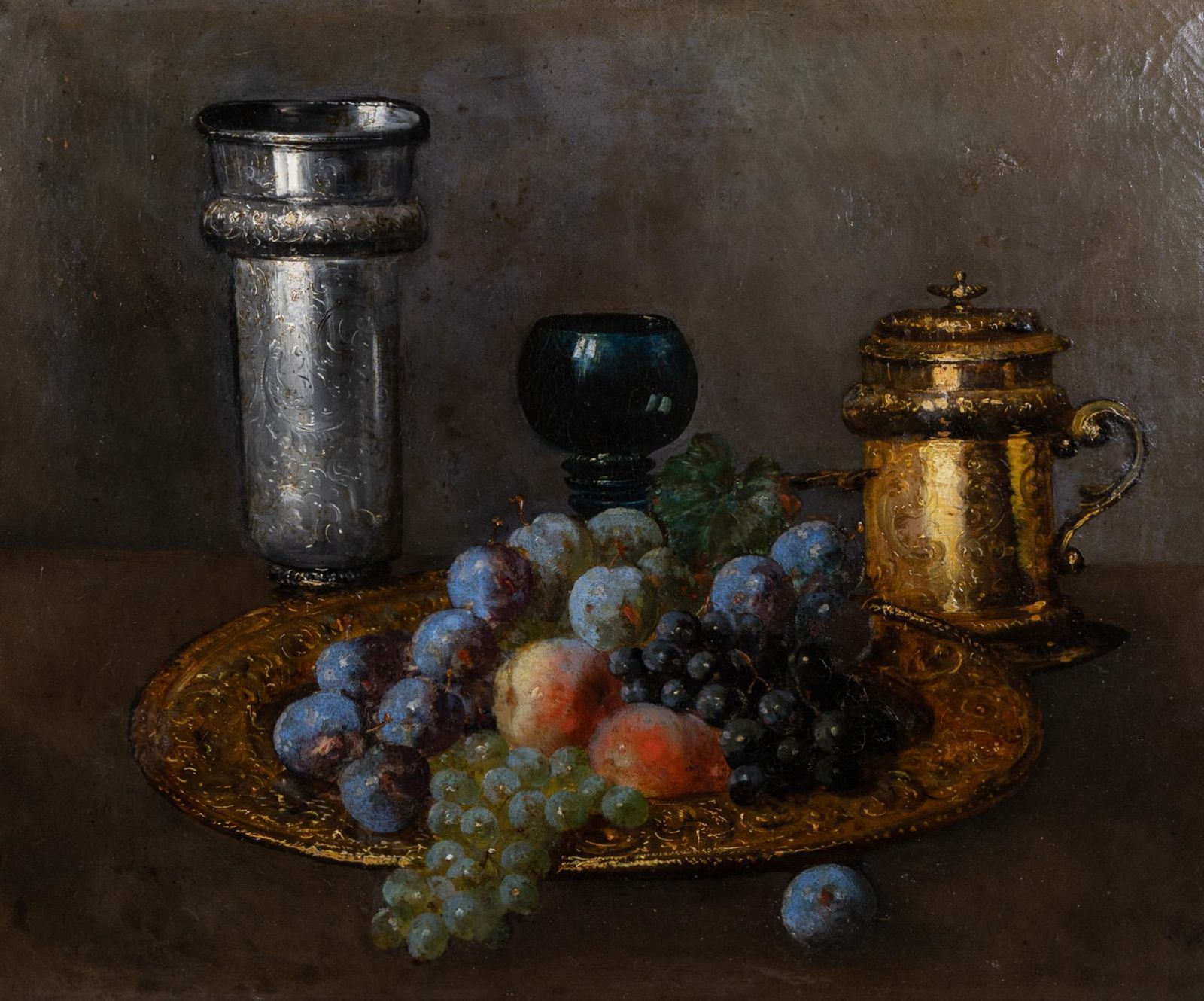 Antique Original French Still Life Oil On Canvas Painting   Grapes, Plums photo furniture