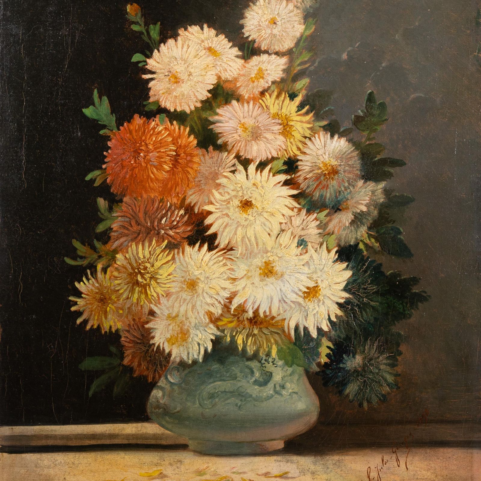 Vase Of Chrysanthemums On An Entablature, 1898 Oil On Canvas, Signed And Dated photo furniture