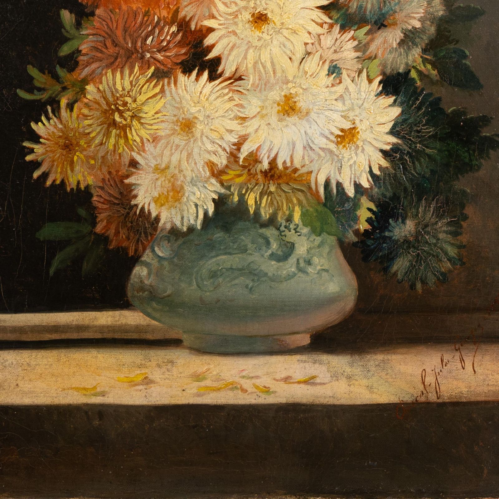 Vase de chrysanthèmes sur une entablement, 1898, huile sur toile, signé et daté photo for sale