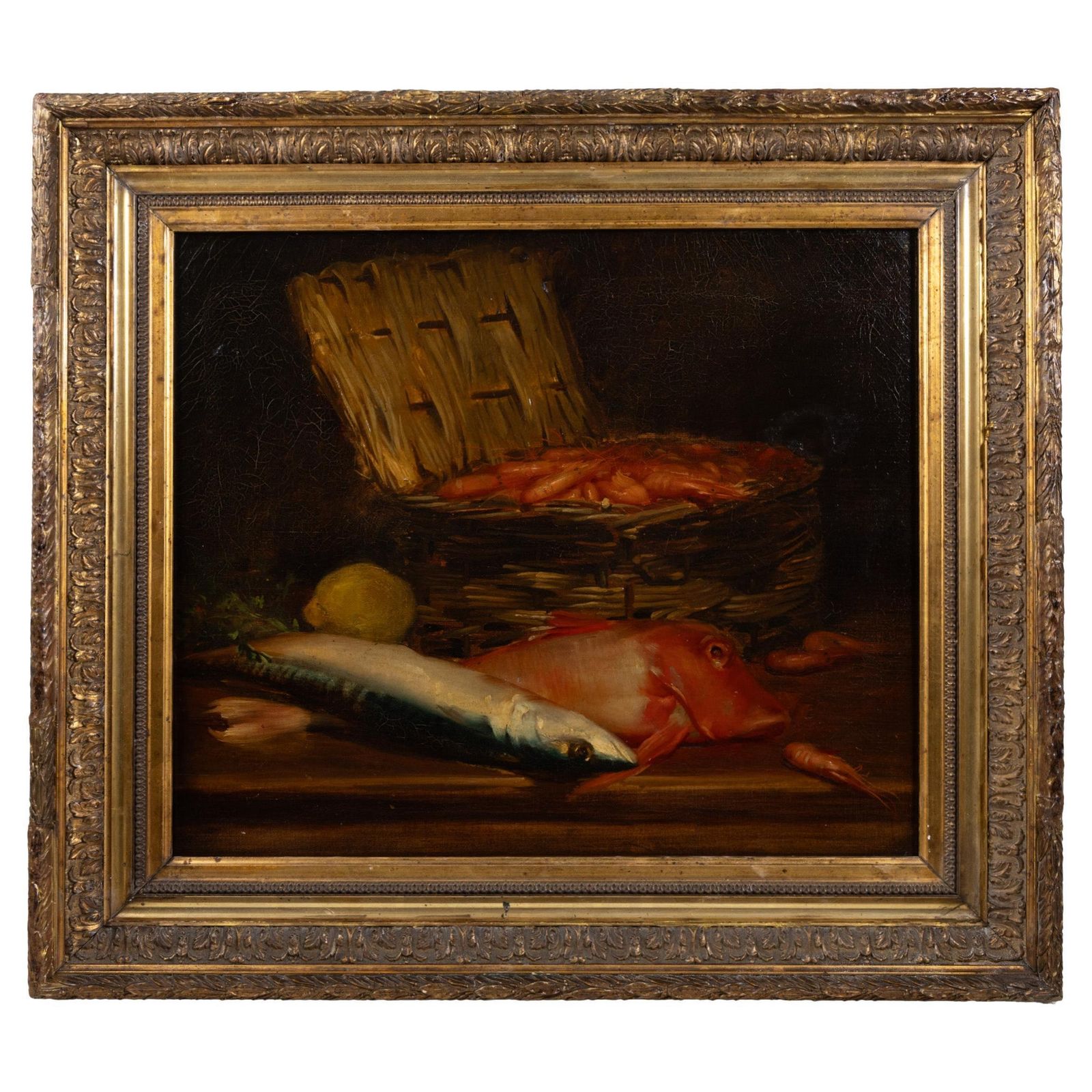 Mid 19th Century French Still Life With Fish & Prawns – Original Oil On Canvas