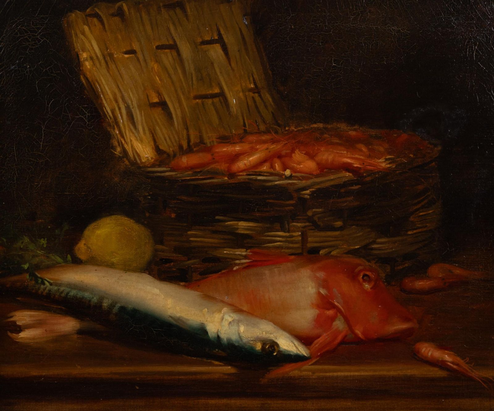 Mid 19th Century French Still Life With Fish & Prawns – Original Oil On Canvas photo for sale
