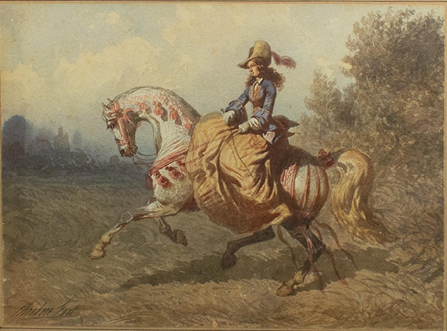 Théodore Fort (1810-1896)   Paire d'aquarelles   Élégantes amazones à cheval photo Art
