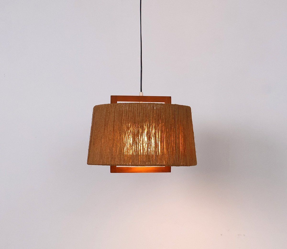 Vintage Sisal And Teak Pendant Lamp From Temde Leuchten, 1960 photo Lighting