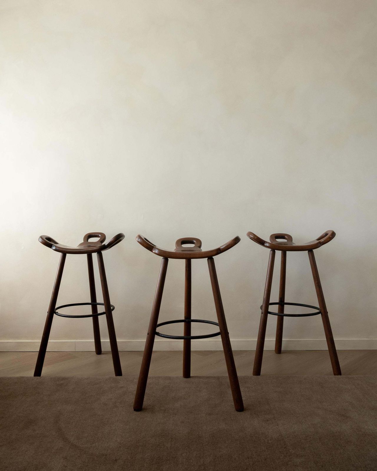 Spanish Brutalist Wooden Marbella Bar Stools By Confonorm, 1970s, Set Of 3 photo for sale