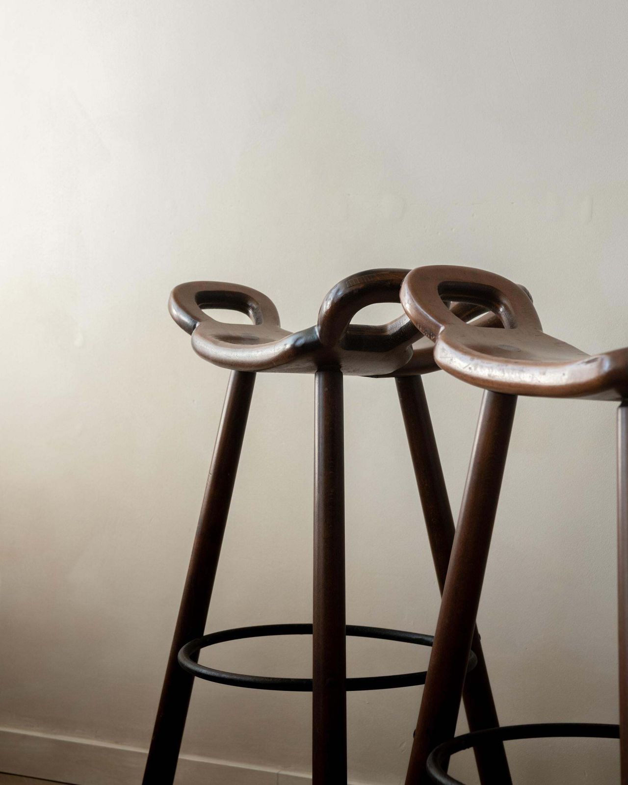 photo buy Spanish Brutalist Wooden Marbella Bar Stools By Confonorm, 1970s, Set Of 3