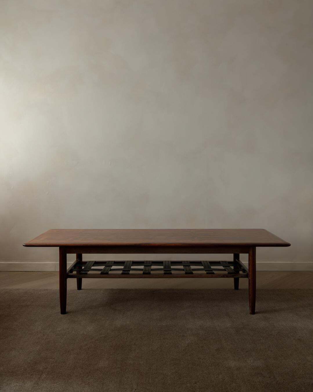 Rosewood Coffee Table With Leather Magazine Shelf By Topform, Mid Century, 1960s photo furniture