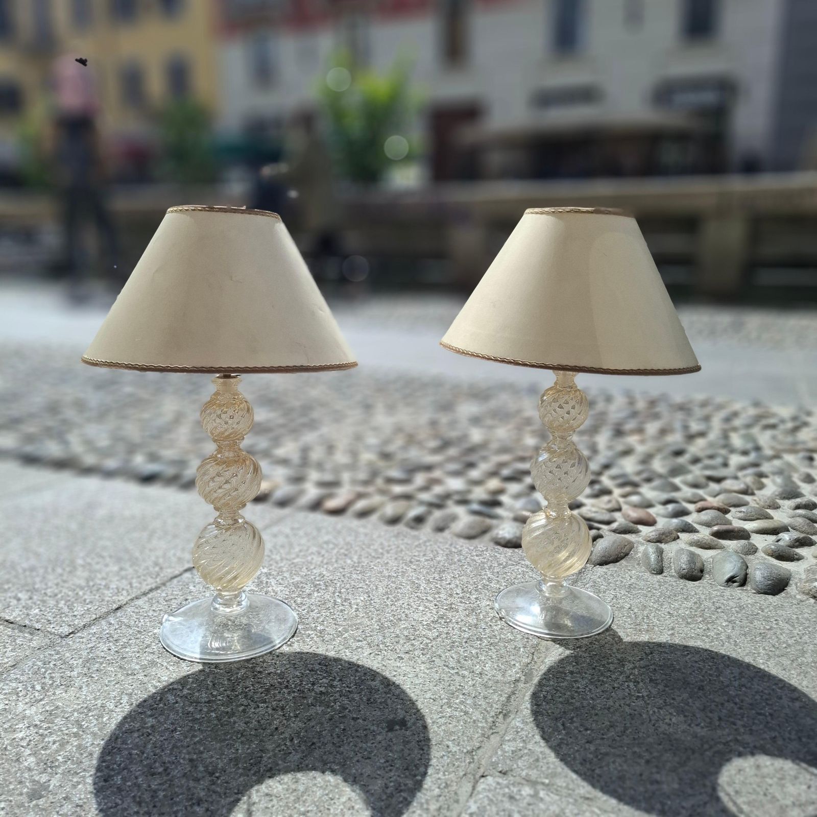 Venini Couple Table Lamps 1950s Murano Glass Gold Fabric Lampshades Italy photo vinterior
