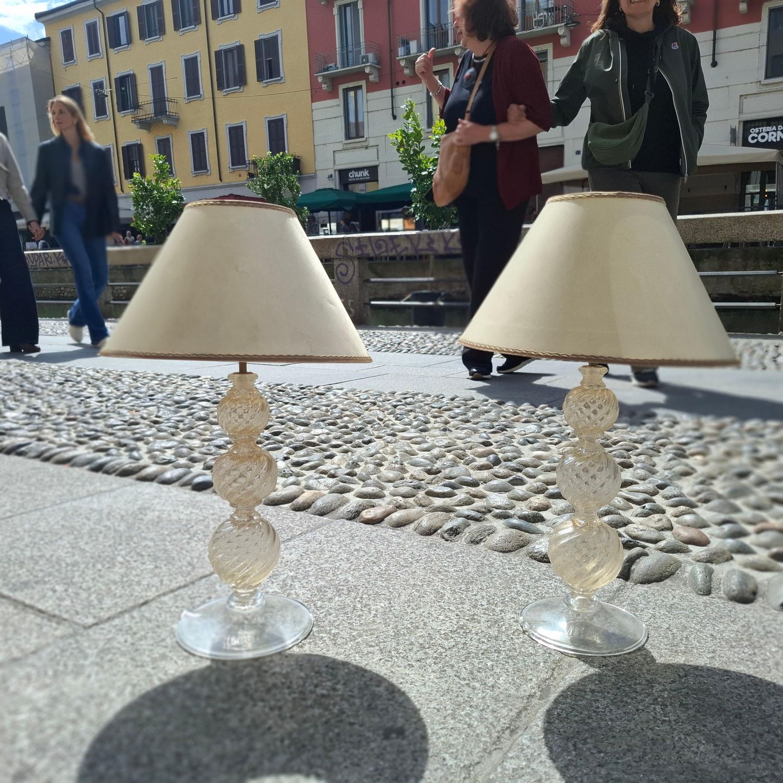 Venini Couple Table Lamps 1950s Murano Glass Gold Fabric Lampshades Italy photo buy